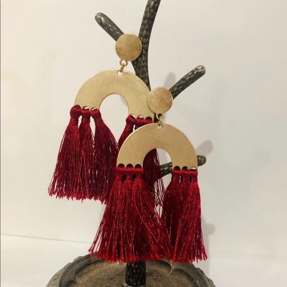 Gold Tone & Wine Red Tassel Drop Modern Earrings - Picture 4 of 5